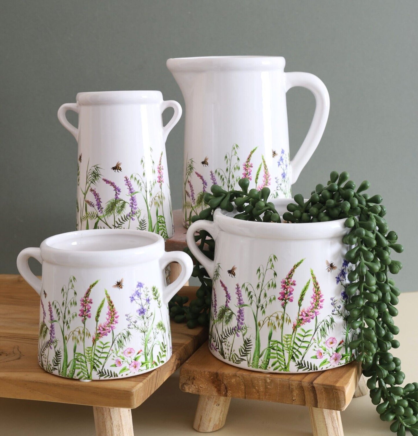 Tall Ceramic White Bee Flowers Indoor Plant Pot Planter Flowers Herbs Vase