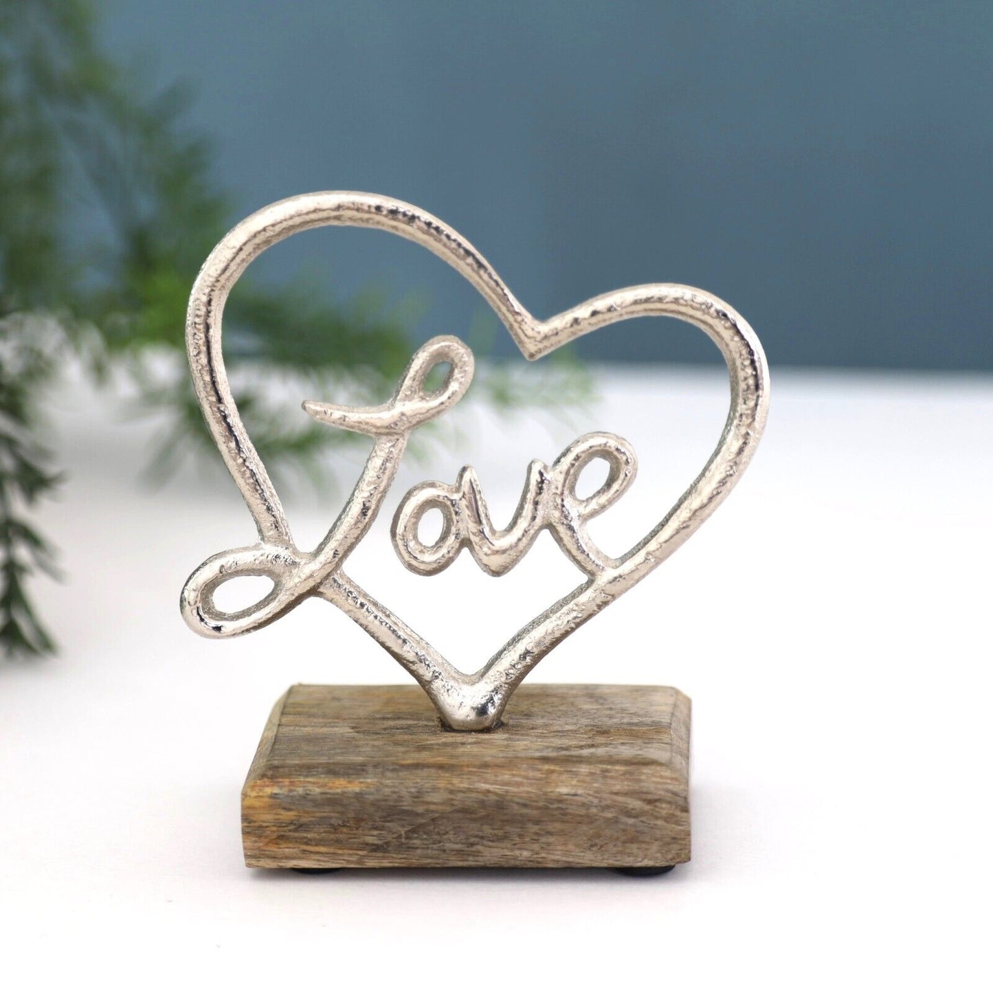 11.5cm Silver Heart with Love on Wooden Plinth Home Decor Ornament Figurine