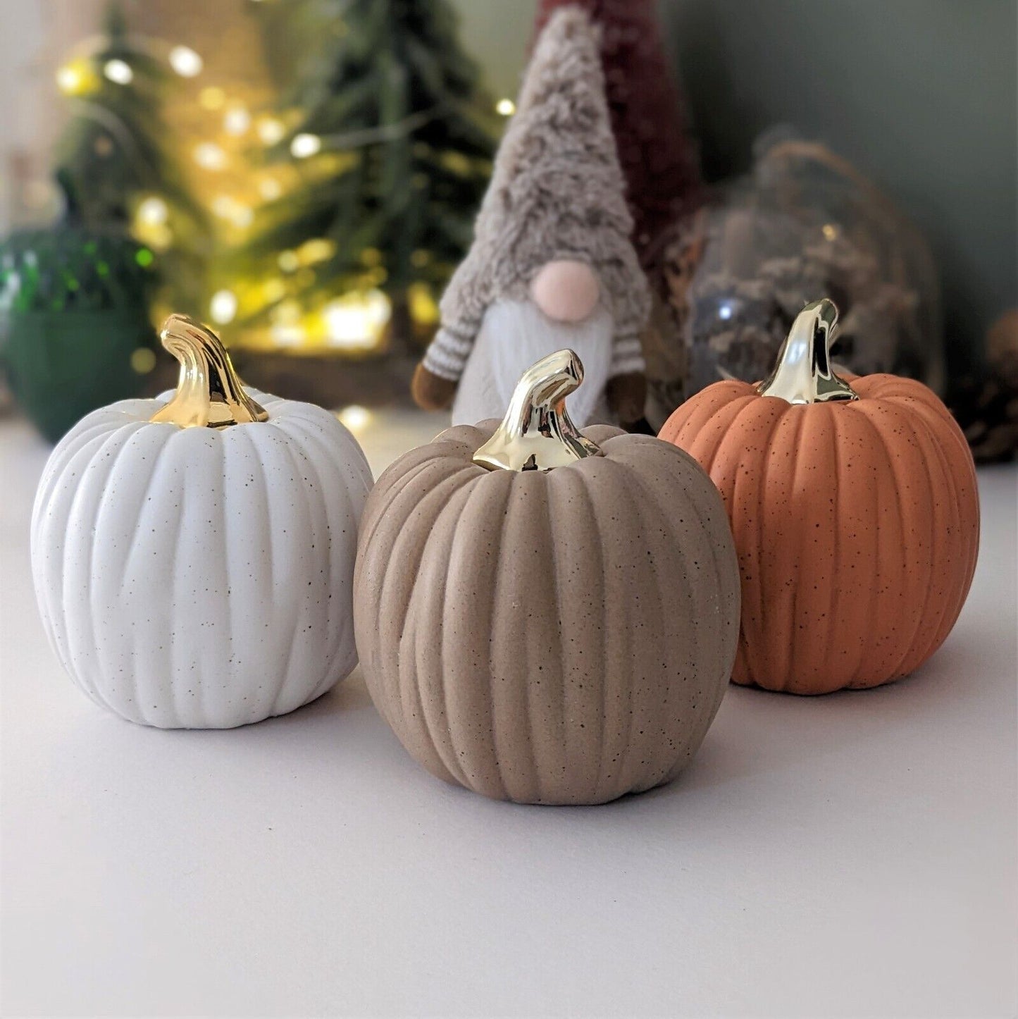 8cm Autumn Harvest Halloween Decor Pumpkin Rustic Ceramic Gold Stem Ornament