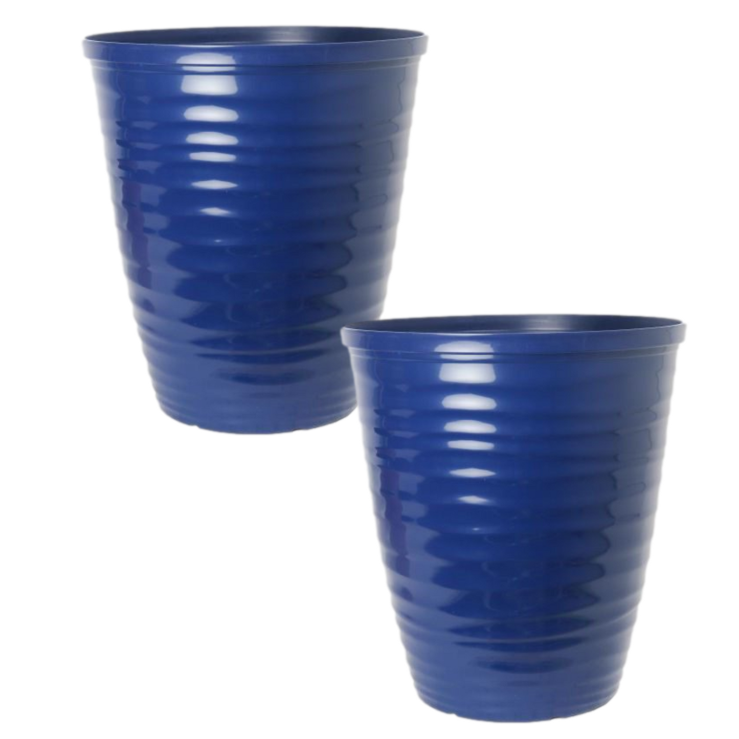 Set of 2 Gloss Blue Plastic Plant Pot 28cm Tall Round Gloss 12L Garden Planter
