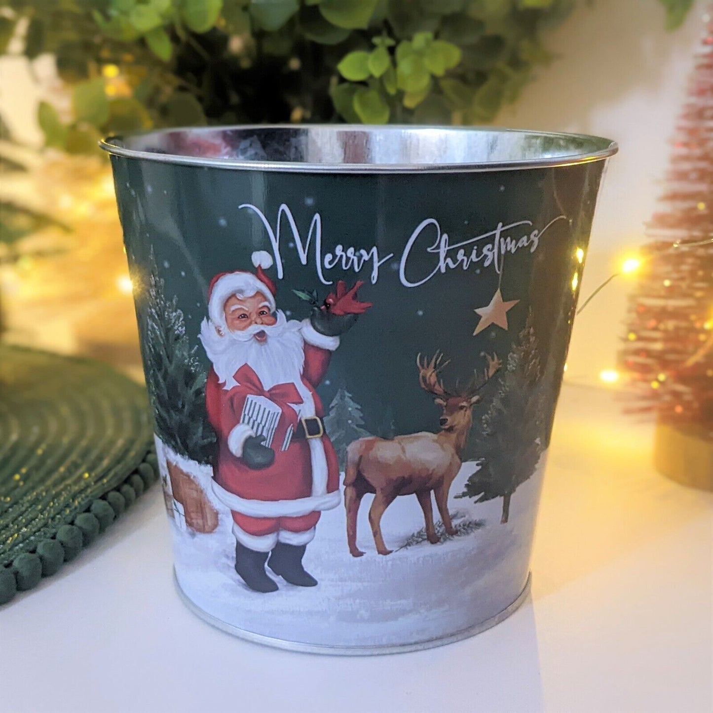 15cm Metal Christmas Santa Reindeer Green Scene Plant Pot Tin Pail Planter
