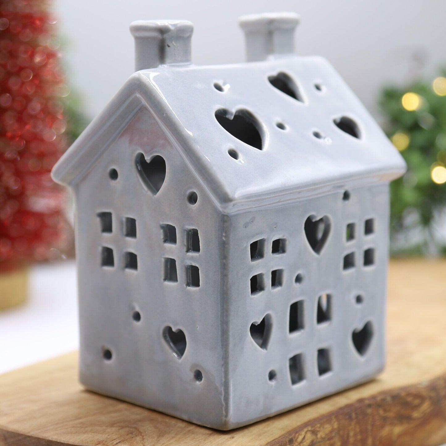 LED Grey Ceramic House Village Scene Hearts Cutout Xmas Christmas Decor Ornament
