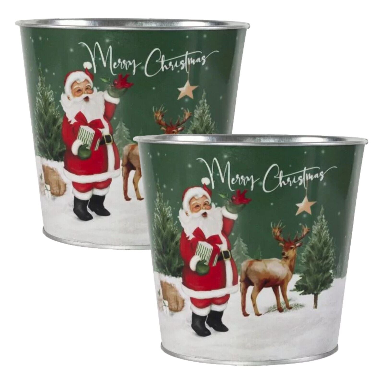 santa plant pot 2Pc Metal Christmas Santa Reindeer Green Scene Plant Pot 15cm Tin Pail – Fyne Finds