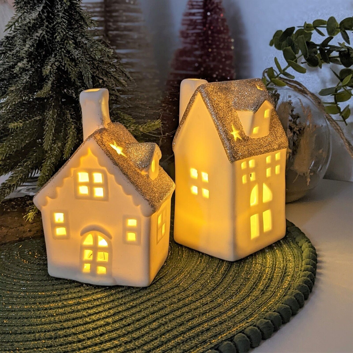 Cream Ceramic Warm LED Light Up Houses Huts Village Scene Christmas Ornaments