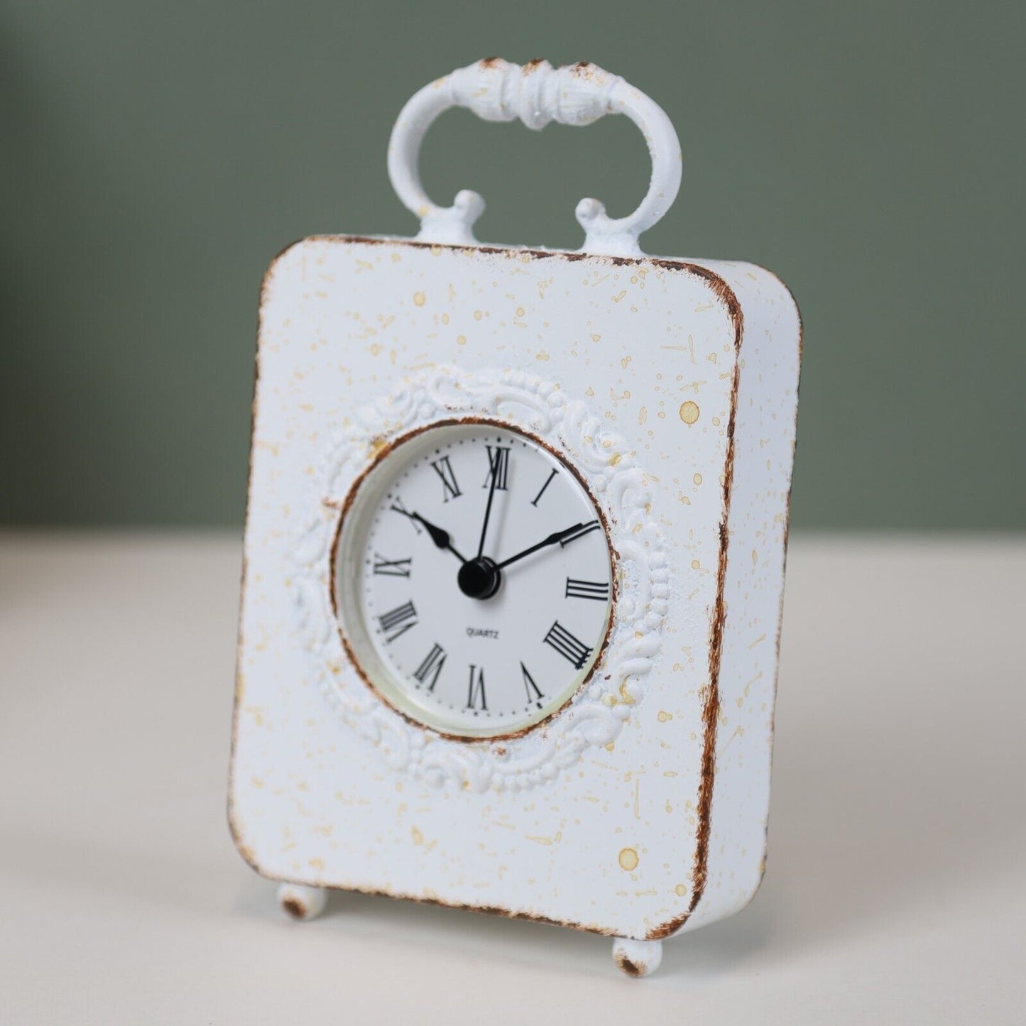 17cm Antique Metal White Carriage Table Mantle Roman Clock Gift Home Table Decor