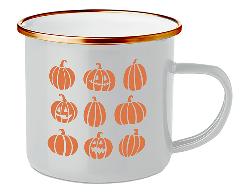 2 Pcs White Enamel Mug Coffee Tea Cup Pumpkin Autumn Halloween Kitchen Tableware