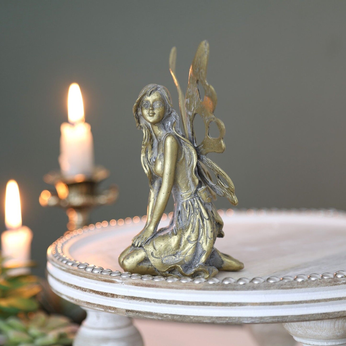 Antique Resin Fairy with Metal Wings Statue Sitting Garden Home Decor Ornament