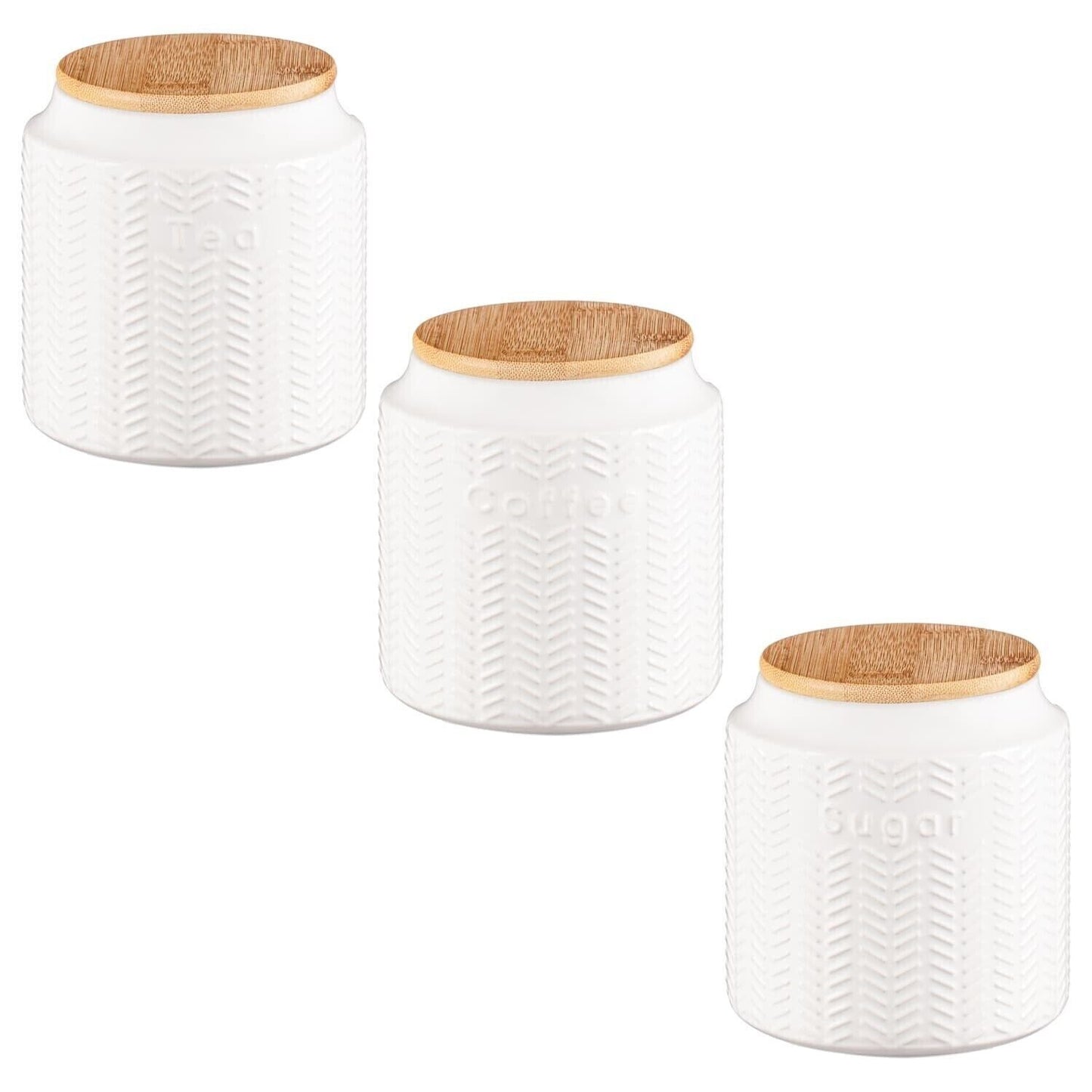 Set Of 3 White Tea Coffee Sugar Ceramic Canister Embossed Patterned Storage Jars