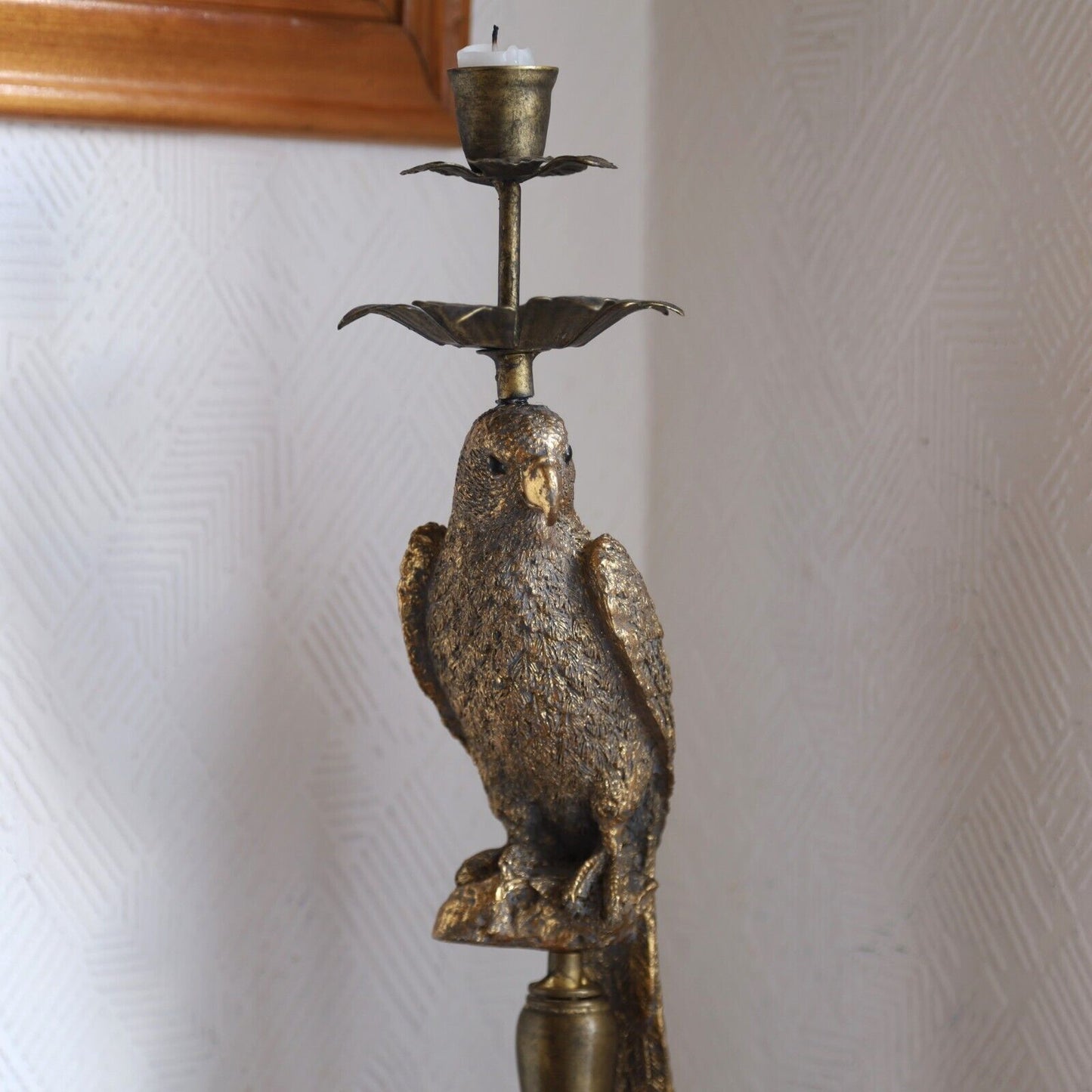 51cm Antique Resin Parrot Gold Candle Stick Holder Metal Stand Top Bird Statue