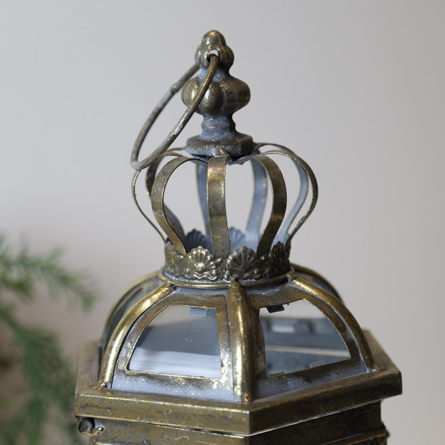 Gold Tealight Vintage Candle Metal Lantern Hexagonal Pillar Glass Antique Style