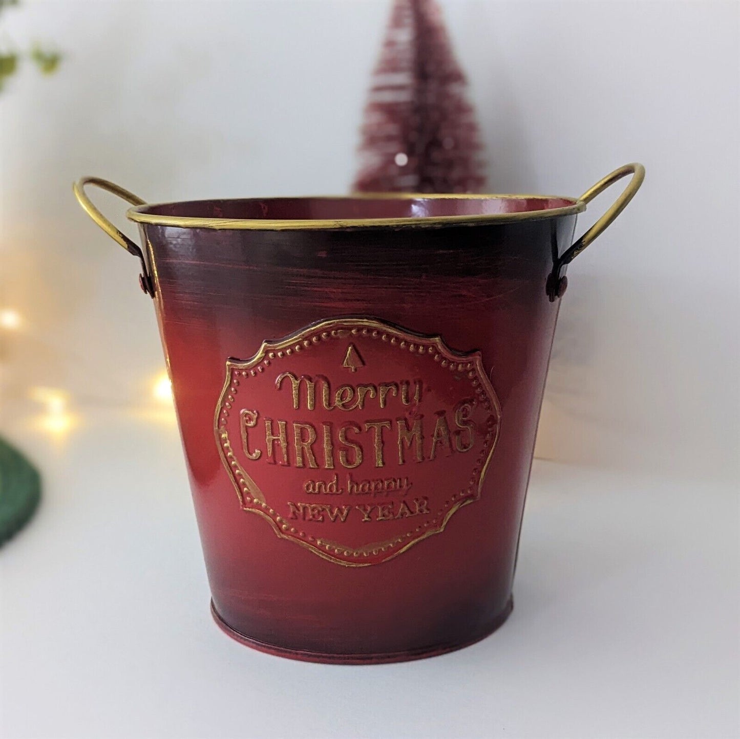 15cm Metal Christmas New Year Red Plant Pot Tin Pail Planter Gold Decor