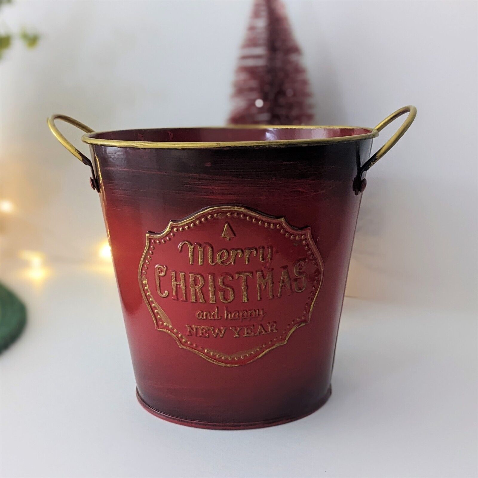 15cm Metal Christmas New Year Red Plant Pot Tin Pail Planter Gold Decor