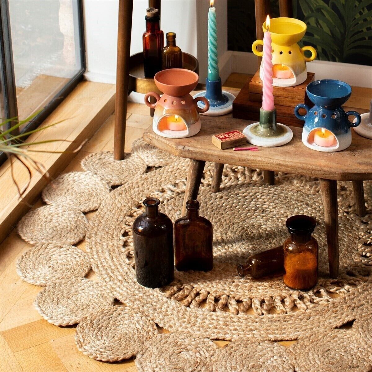 90cm Handmade Round Rug Jute Cotton Braided Rug Floral Design Carpet Home Decor