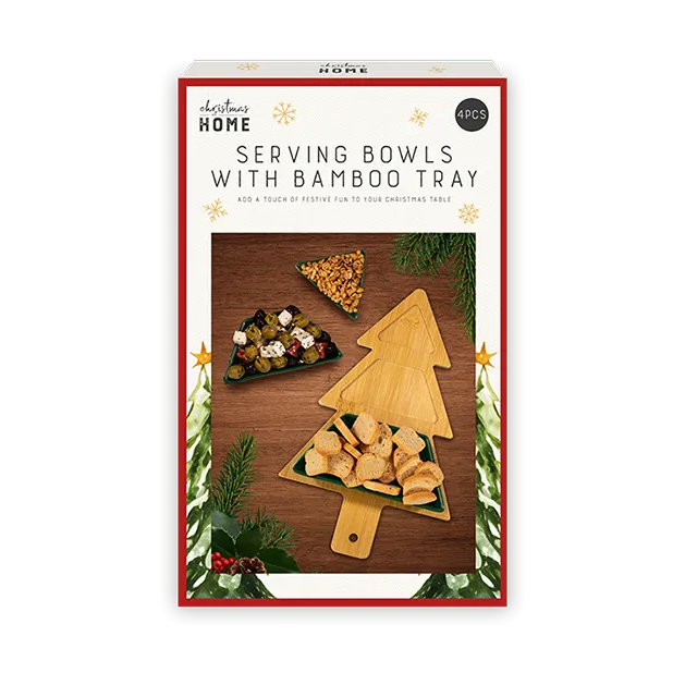 3Pc Serving Ceramic Bowls Christmas Tree Bamboo Tray Festive Snacks Dishes Xmas