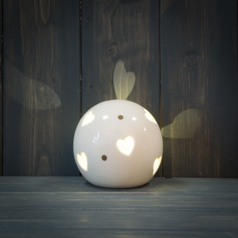 White Ceramic LED Cut Out Heart Design Warm White Light Up Ball Globe Decor