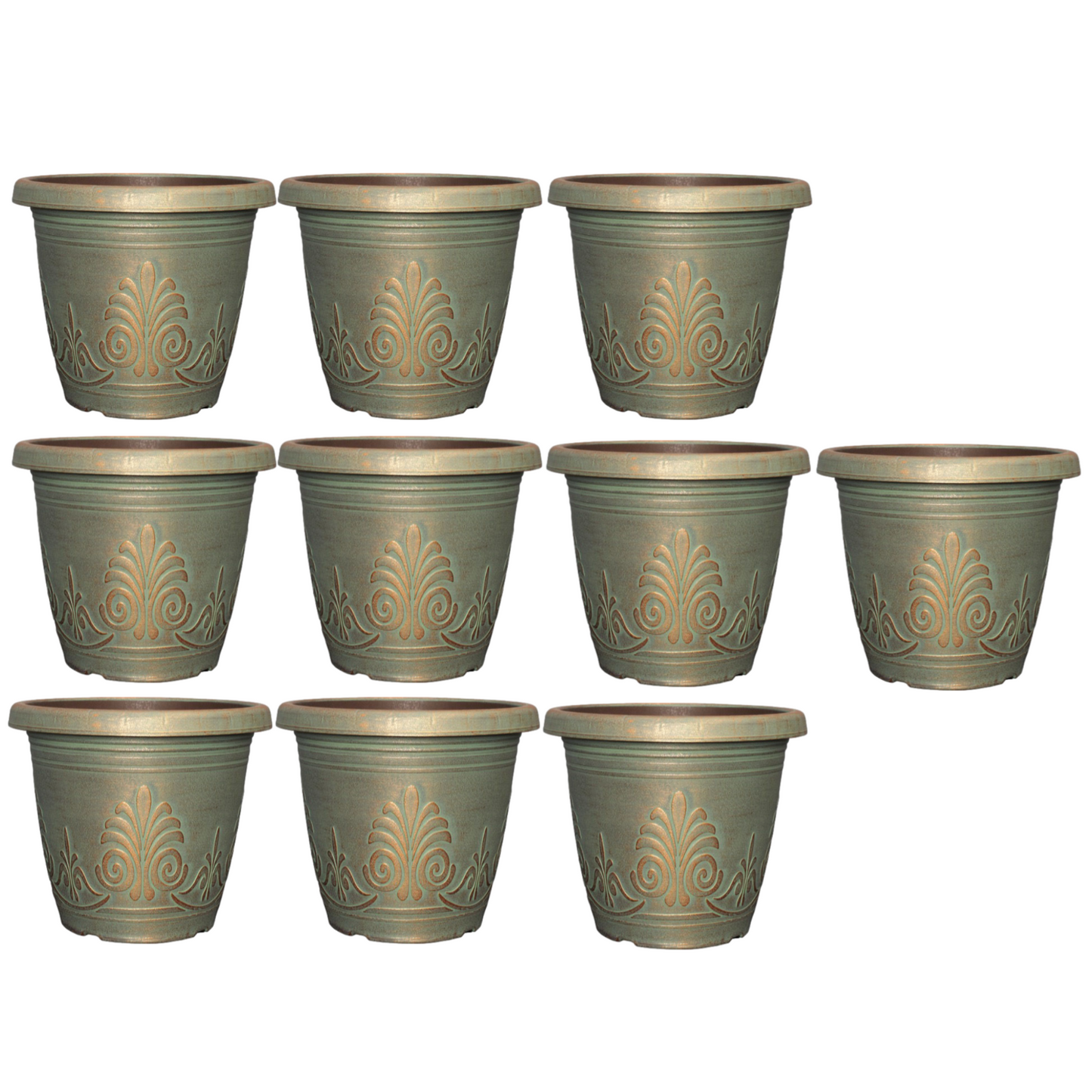 1.9L Copper Green Plastic Plant Pot 16cm Metallic Round Garden Planter Set of 10