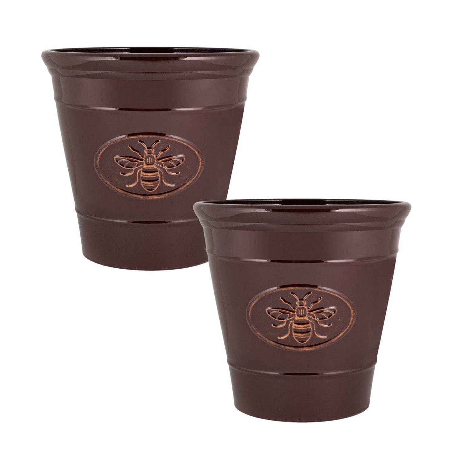 2Pc Plastic Plant Pot Bee Embossed 23cm Flower Pot 6L Glossy Garden Planter