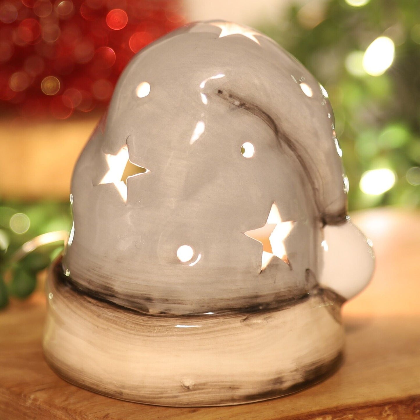 Beige Ceramic Santa Hat Tealight Holder Stars Cut Out Christmas Festive Decor