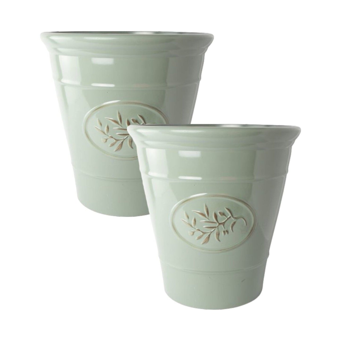 2Pc Olive Grey Plastic Plant Pot 17cm Gloss Tall 2.4L Round Garden Planter