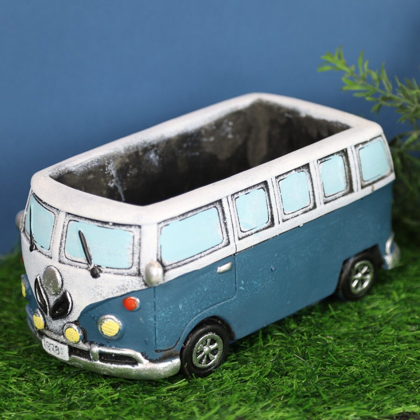 12cm Blue Campervan Planter Garden Plant Herb Flower Retro Pot Cement Trough
