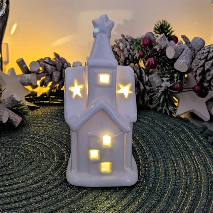 2Pc White Ceramic House- Church Glitter Light Up Hut Xmas Christmas Ornament