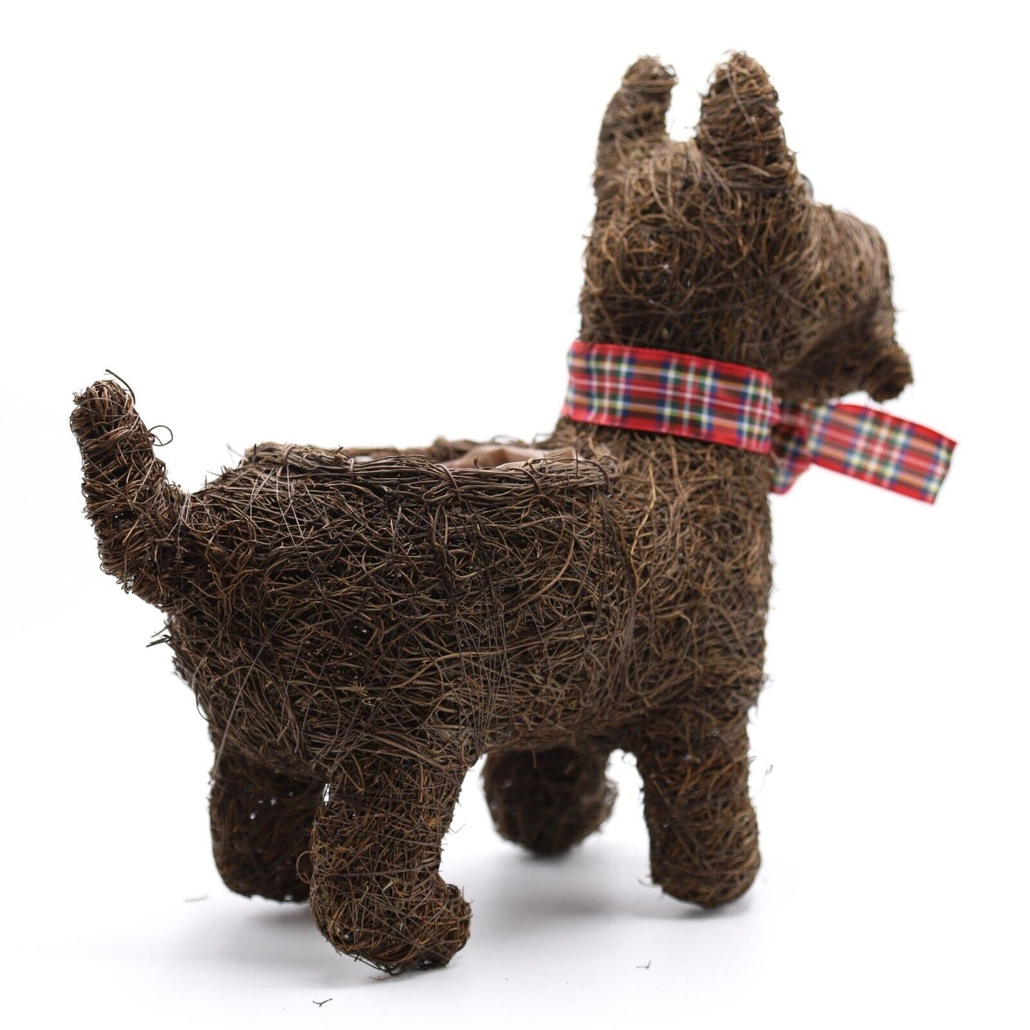 Rattan Scottie Dog Planter Pot Tartan Ribbon 31cm Rustic Garden Ornament Decor
