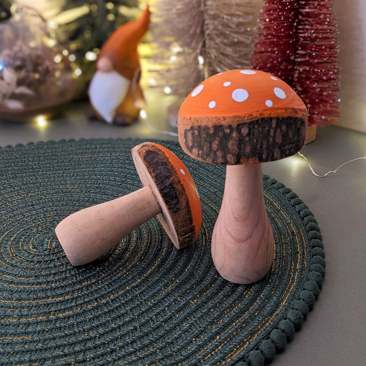 Wooden Orange Painted Mushroom Autumn Fall Toadstool Ornament Home Decor