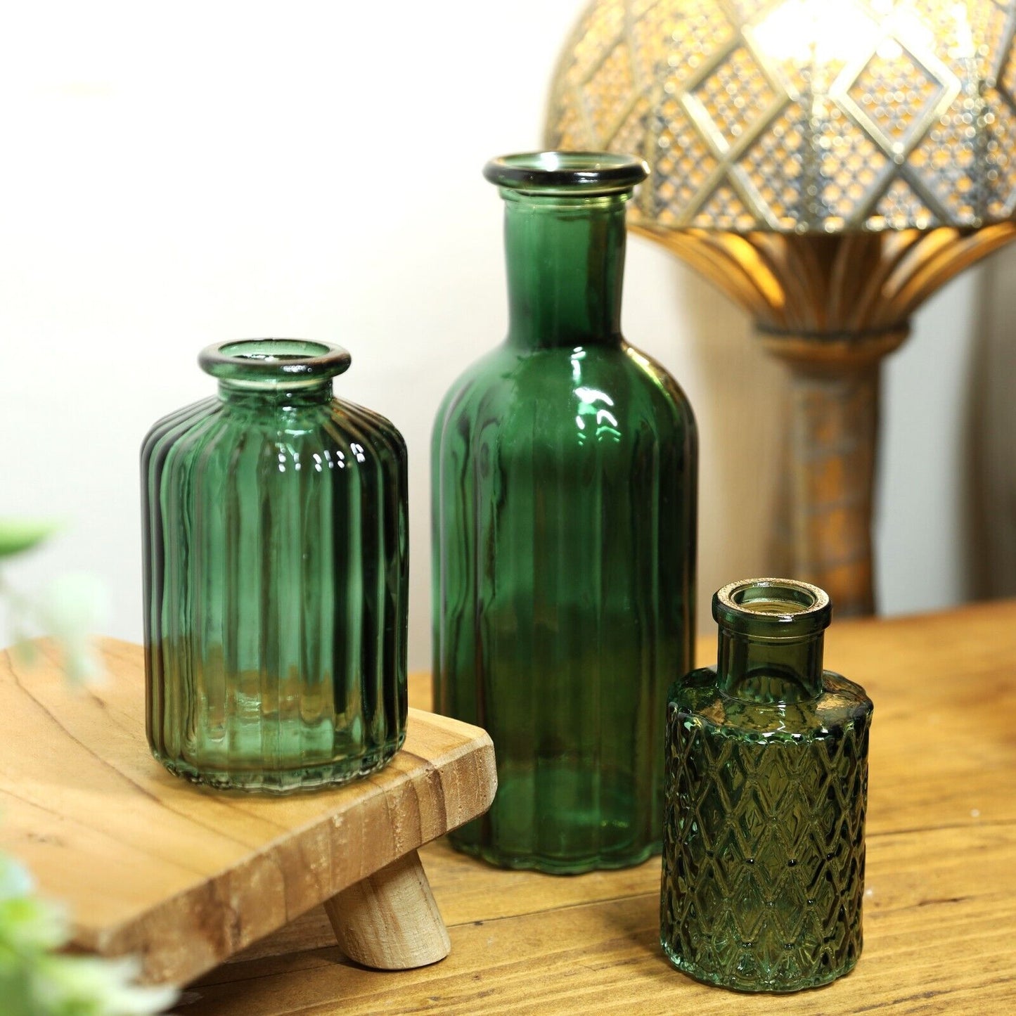 3Pc Emerald Green Assorted Glass Vases Home Office Table Decor Vintage Style