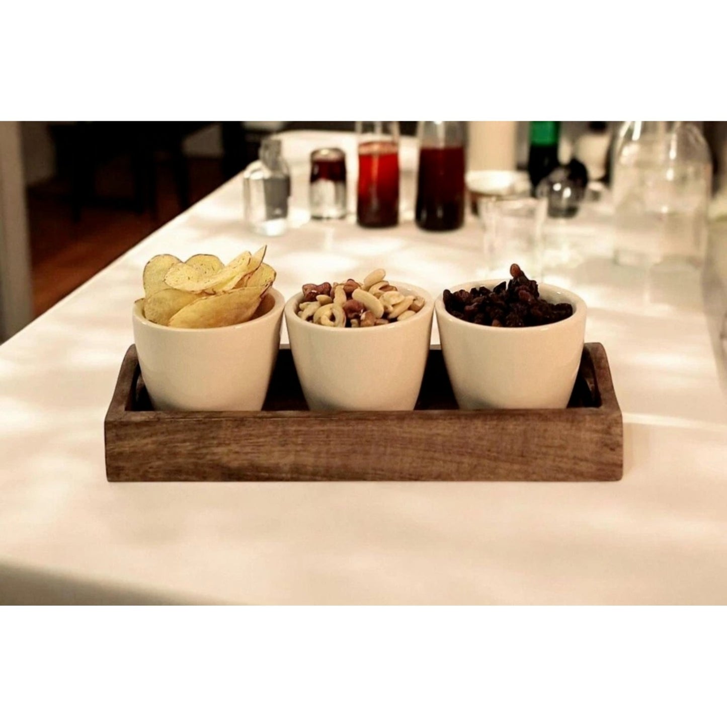 3Pc Ceramic Beige Snack/Nibble Bowls with Mango Wood Tray Kitchen Serving Dish