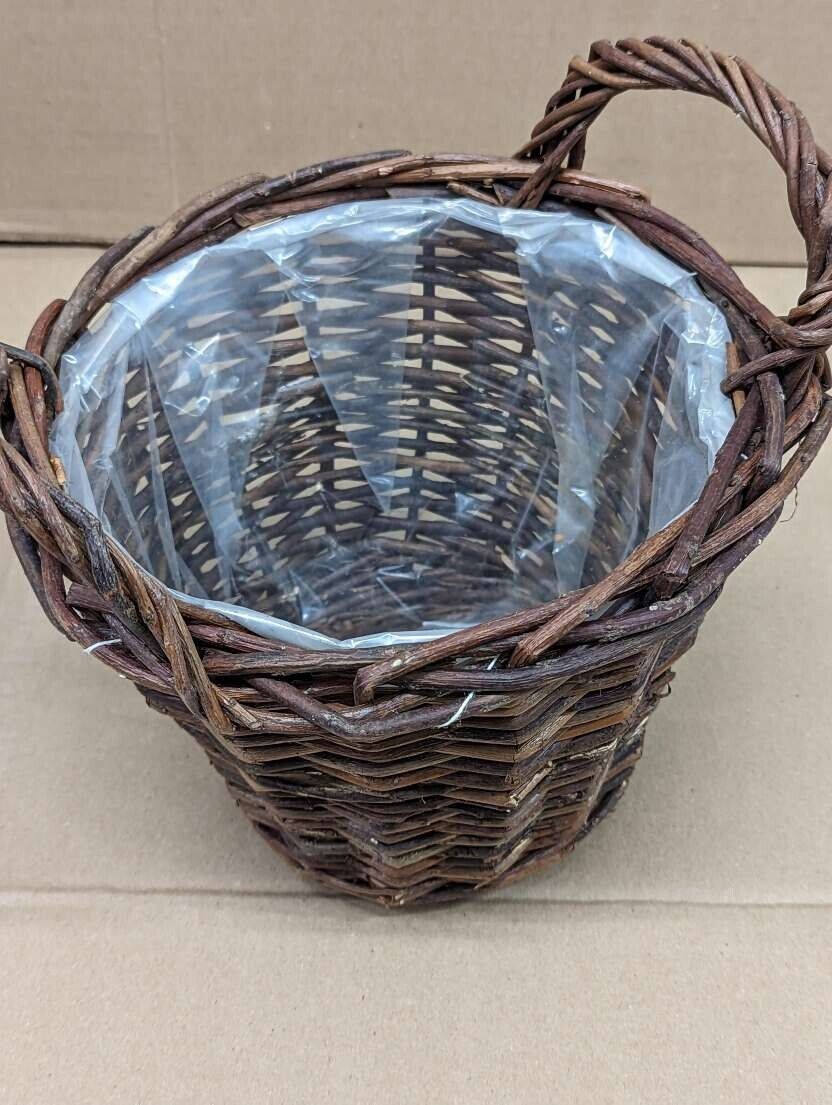 Dark Brown Rattan Wicker Basket with Handle Lined Rattan Willow Planter Cover