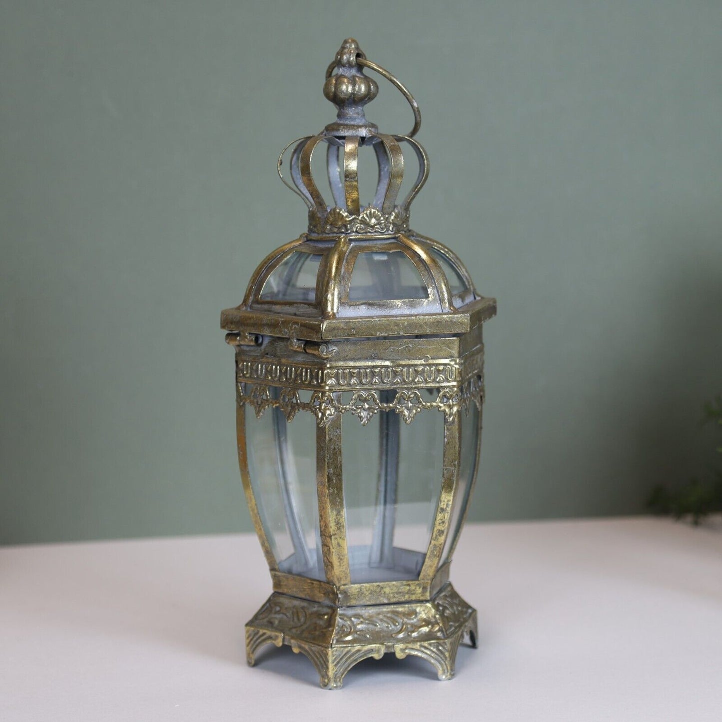 Gold Tealight Vintage Candle Metal Lantern Hexagonal Pillar Glass Antique Style