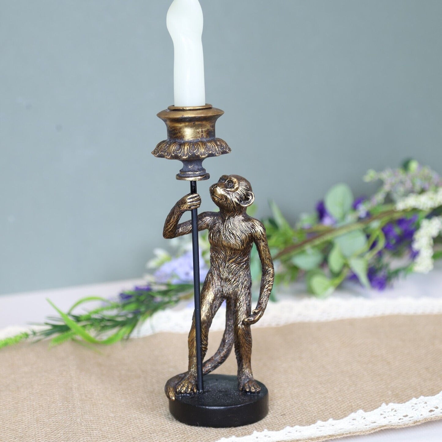 24cm Antique Copper Resin Monkey Tapered Candle Stick Holder Animal Statue