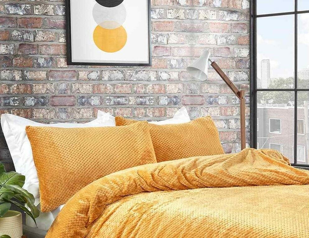 Teddy Bear Fleece Duvet Cover Quilt Soft Cosy Bedding Set & Pillowcases Ochre