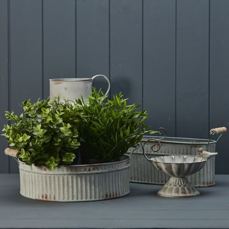 White Oval Metal Herb Plant Pot Cover Planter Indoor Outdoor Trough with Handles