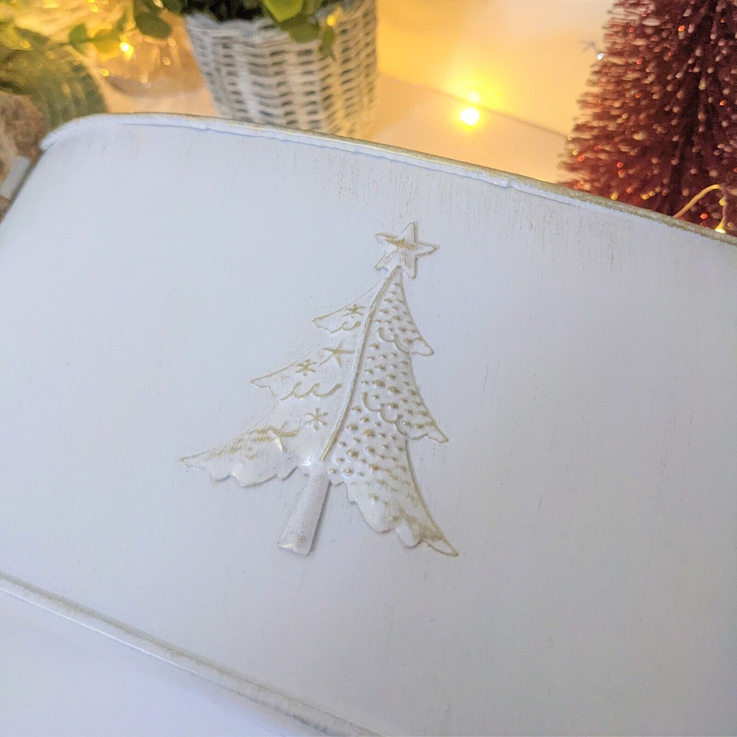 30cm Metal Christmas Tree Embossed Plant Pot Tin Pail Trough Gold White Decor