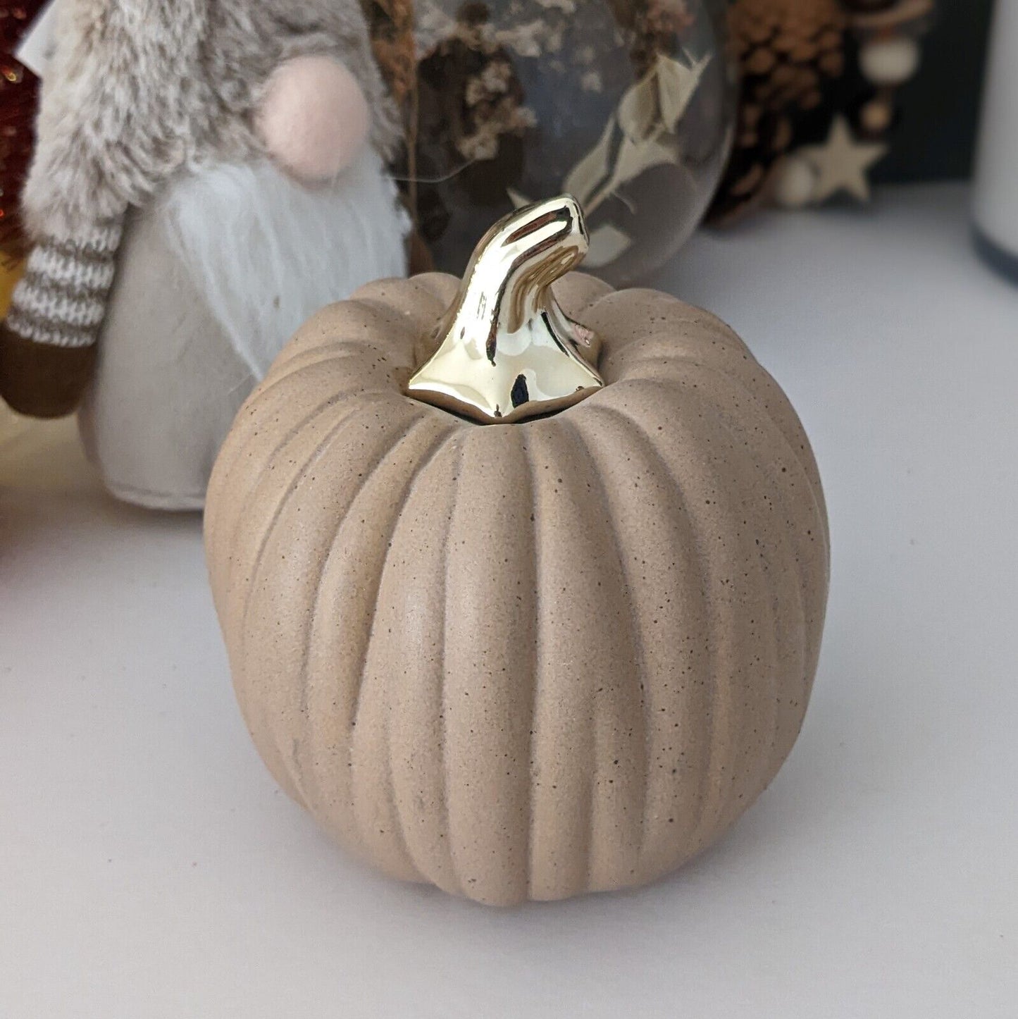 8cm Autumn Harvest Halloween Decor Pumpkin Rustic Ceramic Gold Stem Ornament