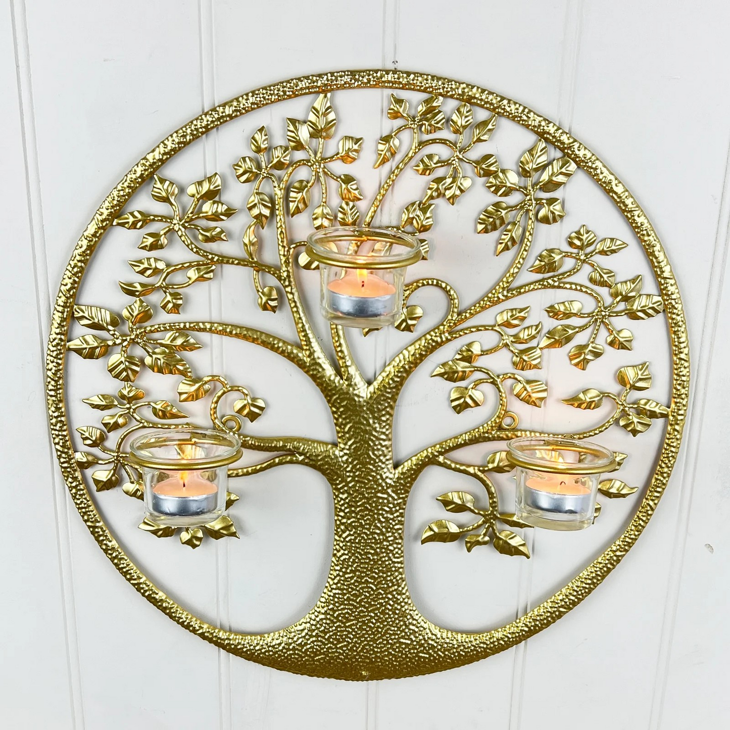 Round Gold Tree of Life Wall Art Tea Light Candle Holder Wall Mount Plaque Decor