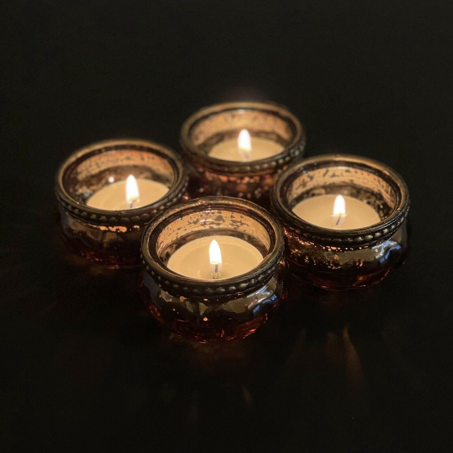 Set of 4 Ribbed Metal Rim Vintage Glass Tealight Candle Holders Wedding Bronze