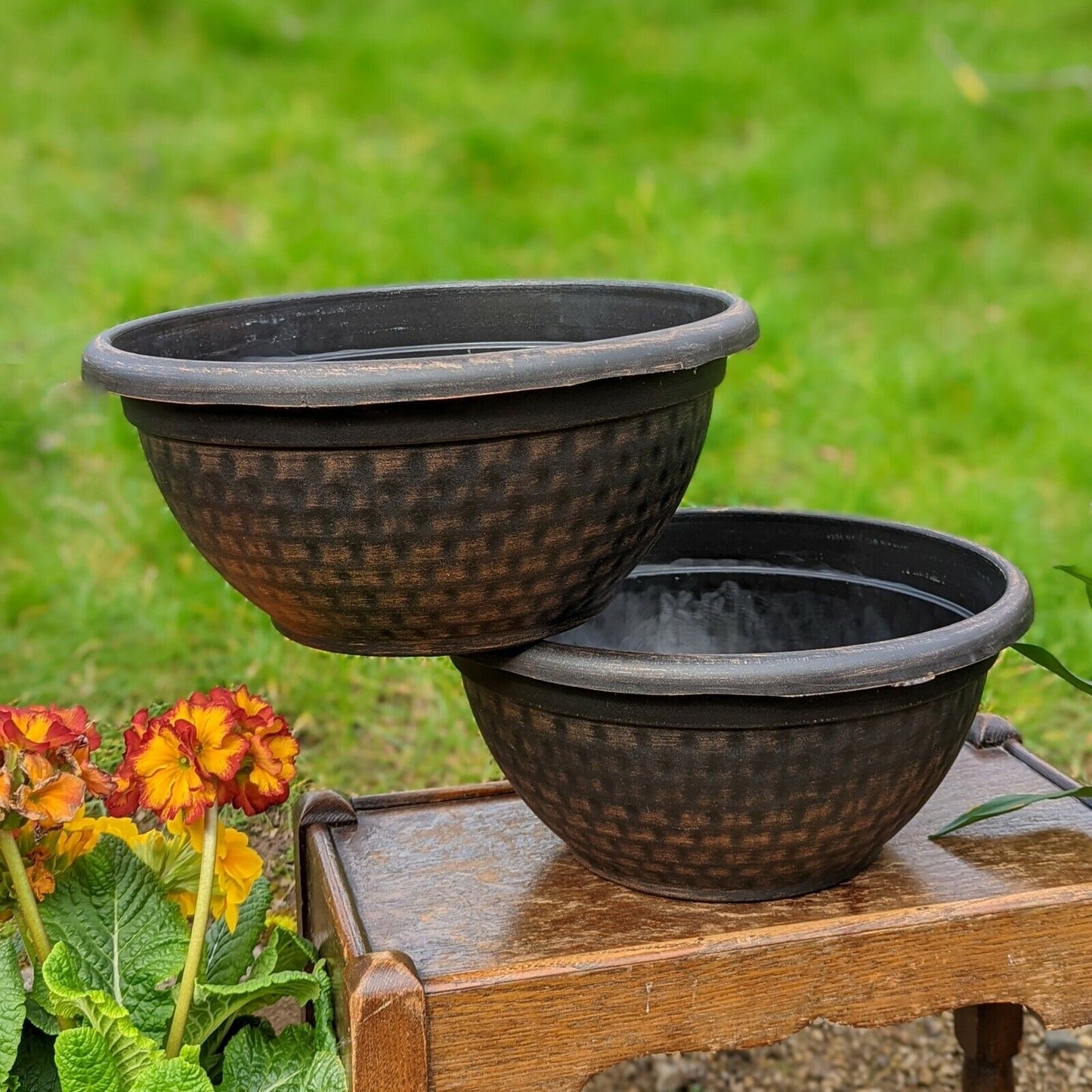 Set Of 2 Copper Plastic Plant Pot 30cm Round Garden Bowl Planter Cover Garden