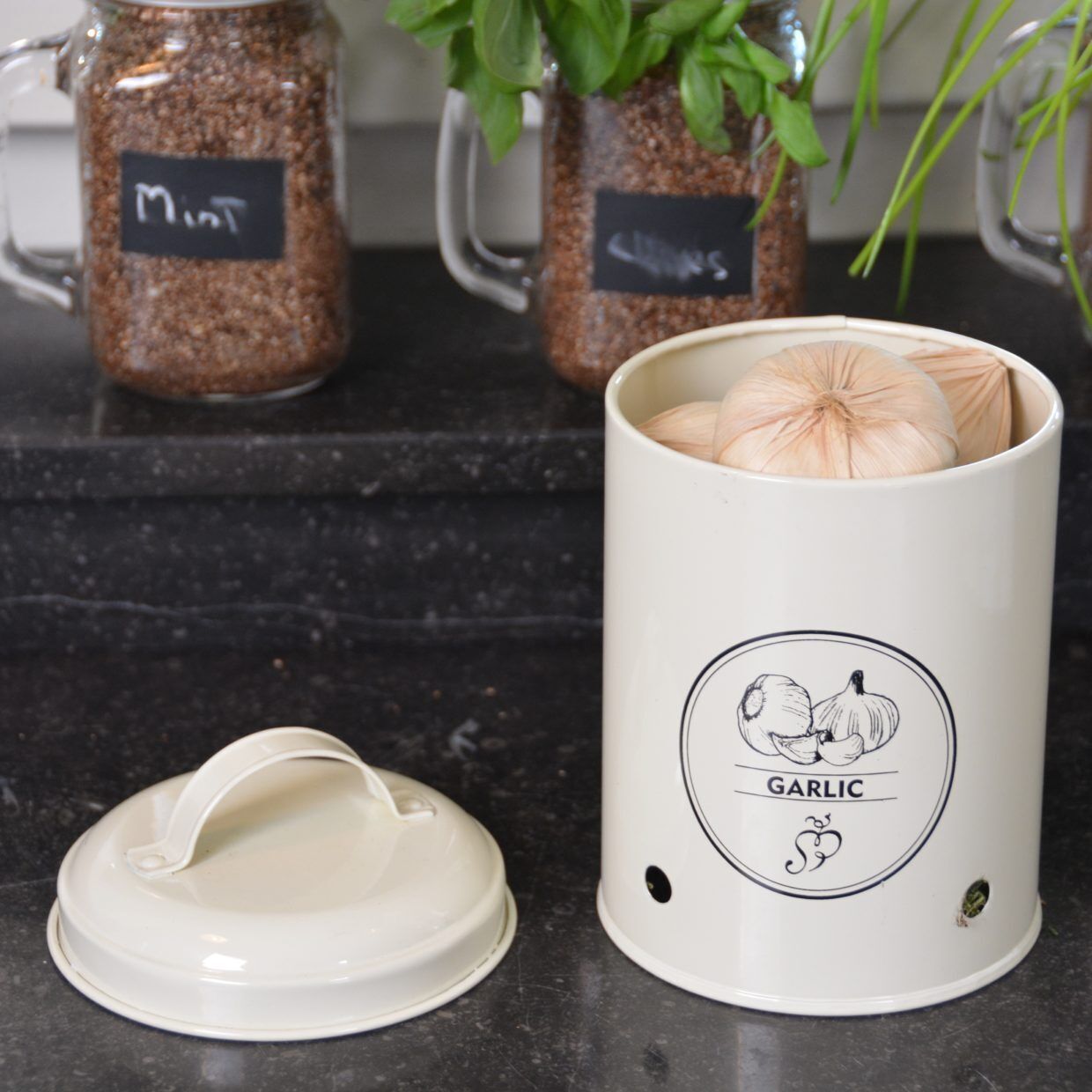Metal Powder Coated Onion Garlic Potatoes Storage Jars Canisters With Handle Lid