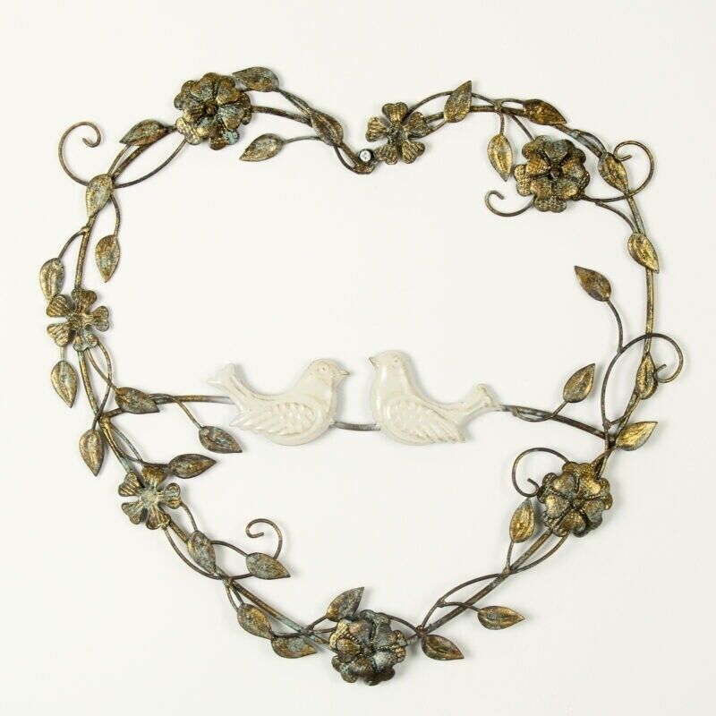 Metal Antique Gold Heart Wreath Birds & Flowers Shabby Chic French Wall Decor