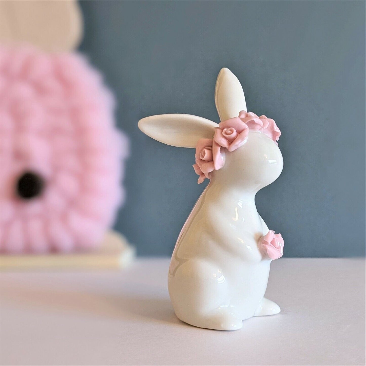 Ceramic Easter Bunny Rabbit Hare Eggs Shelf Sitters Home Decor Rose Ornaments