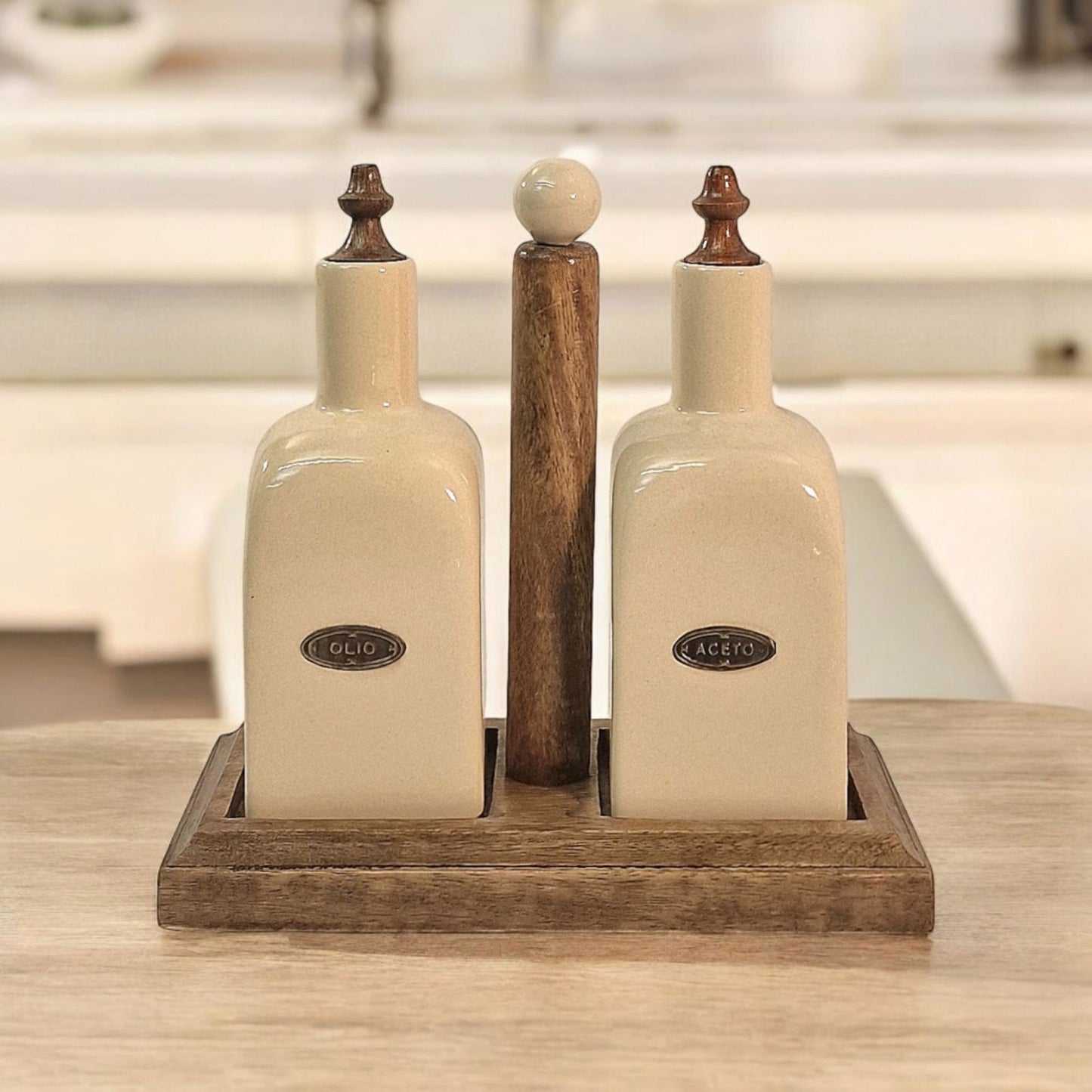 Ceramic Cream Oil & Vinegar Duo Bottles on Mango Wooden Stand Kitchen Organizer