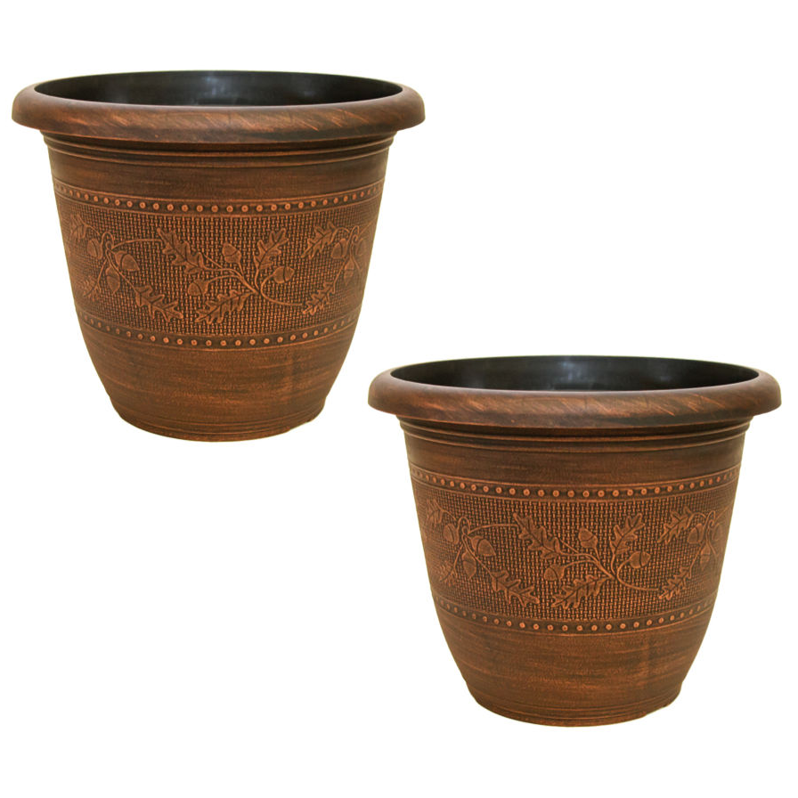 Planter Set of 2 Round 26cm Garden Plant Pot Antique Copper Acorn Flower