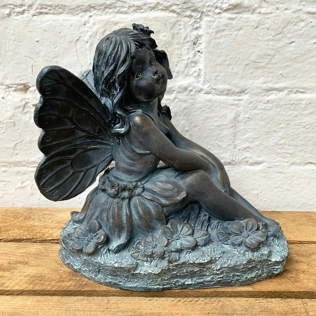 Resin Sitting Flower Fairy Scultpure Home Garden Fairy Ornament Bronze Finish