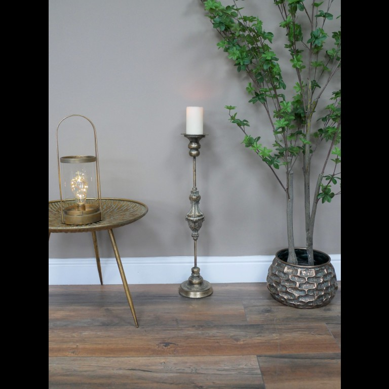 Gold Metal Tall Candle Holder Antique 68cm High Vintage Floor Stand Brass Effect