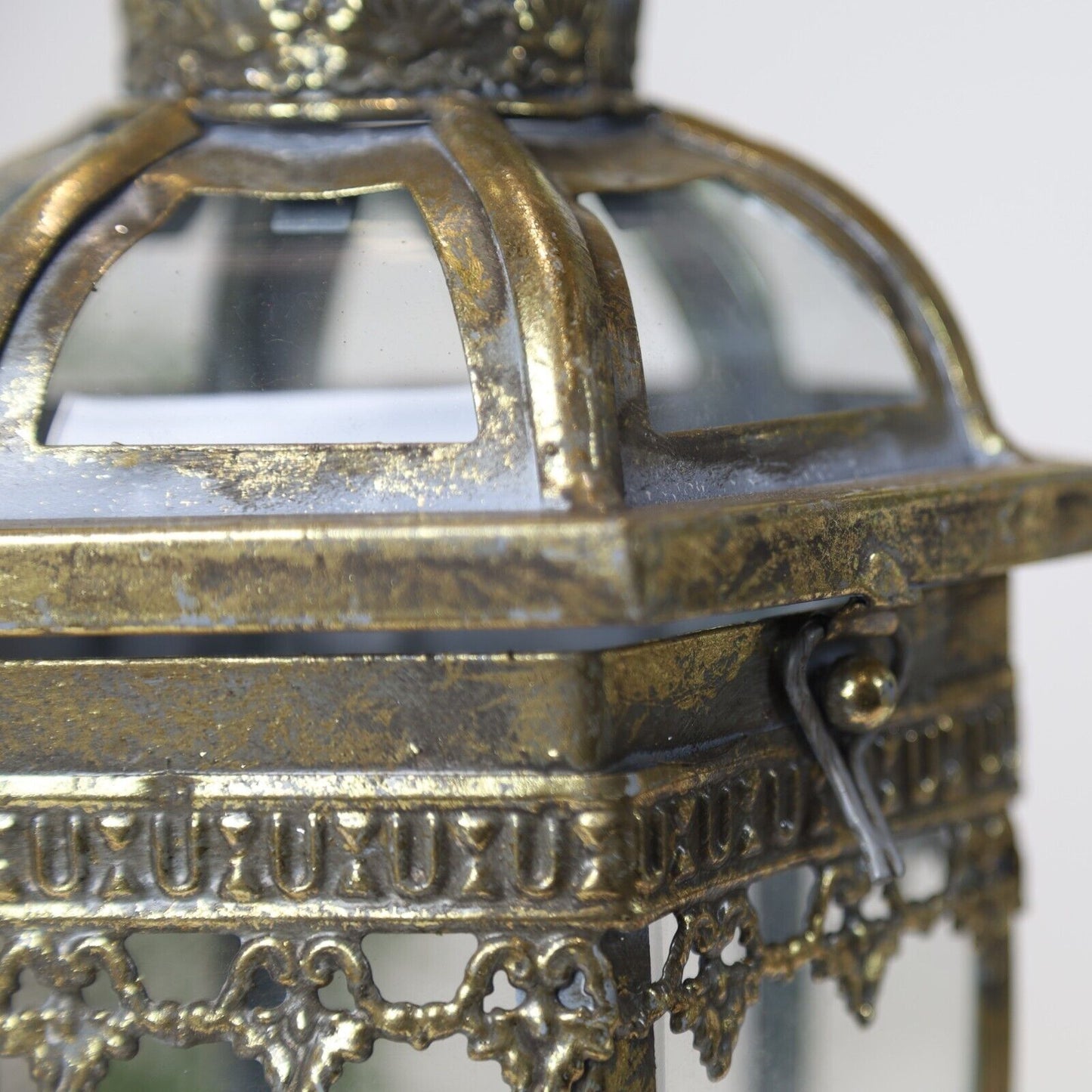 Gold Tealight Vintage Candle Metal Lantern Hexagonal Pillar Glass Antique Style