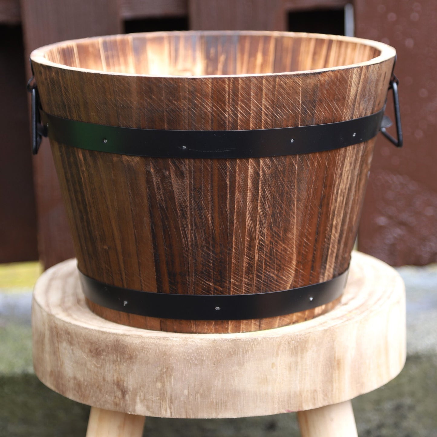 2Pc Round Wooden Barrel Planter 28cm with Metal Handles Band Garden Outdoor Tub