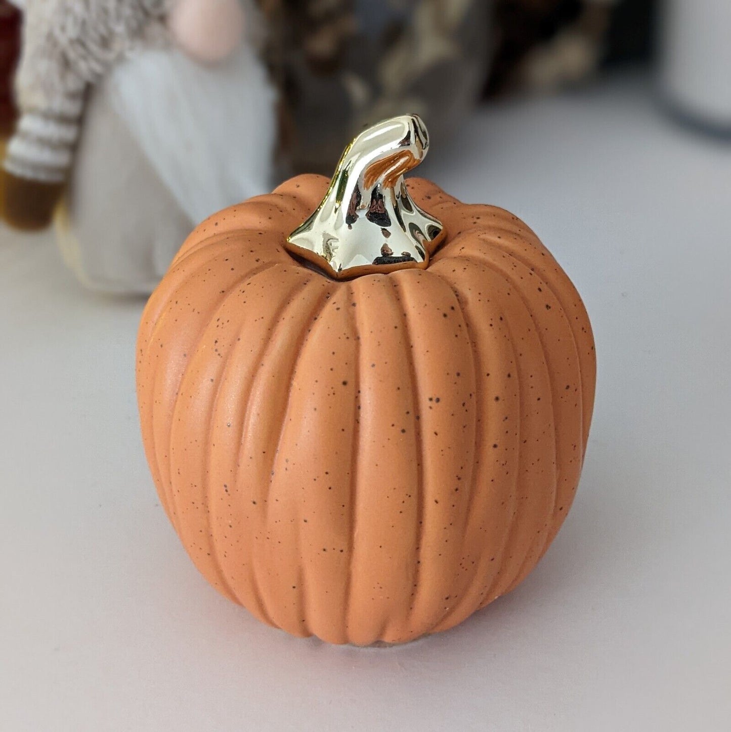 8cm Autumn Harvest Halloween Decor Pumpkin Rustic Ceramic Gold Stem Ornament