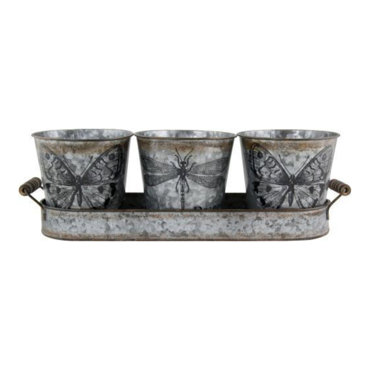 3Pc Tin Plant Pots in Tray Butterfly Design Vintage Indoor Outdoor Metal Planter